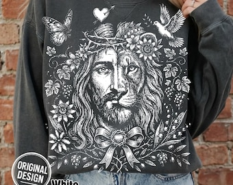 Christian Jesus Lion PNG, Vintage Halftone Floral Crown Of Thorns, Hand Drawn Half Face, Religious Faith Sublimation Clipart