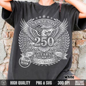 Woman leaning against a brick wall wearing a dark grey t-shirt with a white vintage halftone 250 years anniversary bald eagle design.