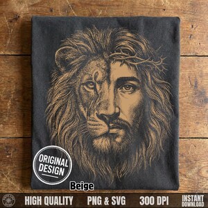 Folded dark grey t-shirt showcasing the beige hand-drawn Jesus and lion half face Christian design