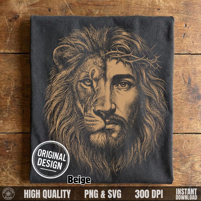 Folded dark grey t-shirt showcasing the beige hand-drawn Jesus and lion half face Christian design