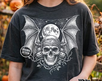 Halloween Skull PNG, Biker Skull PNG, Bat Wing Skull, Vintage Halftone Skull, Fall Gothic Shirt PNG, Sublimation Clipart