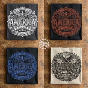 Four folded shirts displaying the vintage America 250th anniversary eagle graphic in white, red, blue, and black.