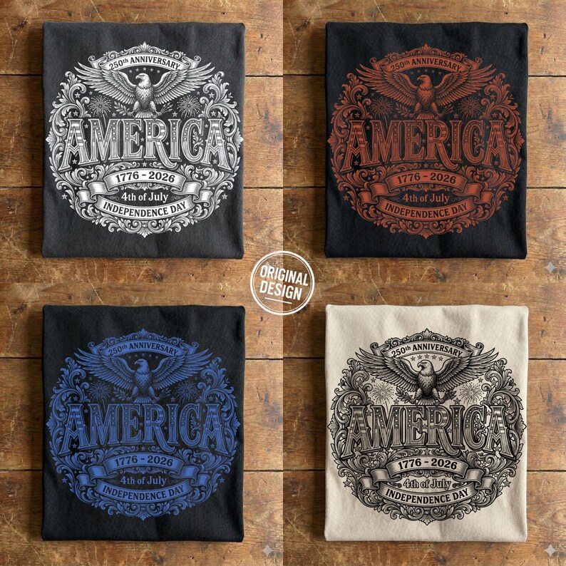 Four folded shirts displaying the vintage America 250th anniversary eagle graphic in white, red, blue, and black.