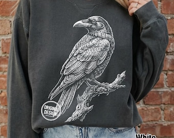 Crow PNG, Raven Shirt PNG, Gothic Bird Clipart, Vintage Halftone Design, Dark Cottagecore, Halloween Sublimation SVG