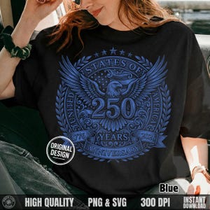 Woman sitting in a car wearing a black t-shirt with a blue vintage halftone United States of America 250 years eagle design.