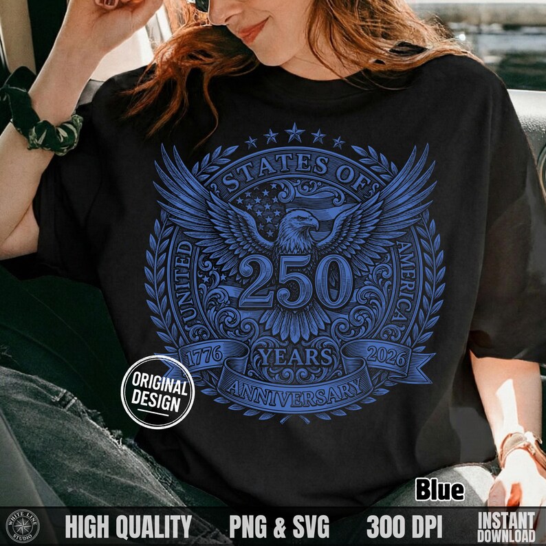 Woman sitting in a car wearing a black t-shirt with a blue vintage halftone United States of America 250 years eagle design.