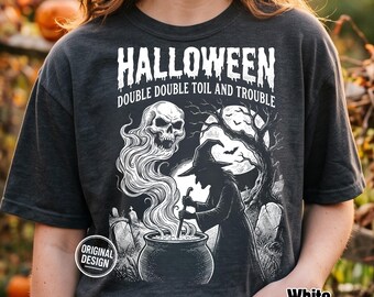 Halloween PNG, Witch Cauldron PNG, Double Double Toil And Trouble, Vintage Halftone Skull, Spooky Season, Shirt Sublimation Clipart