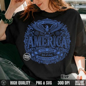 Woman sitting in a car wearing a black t-shirt featuring a blue hand-drawn America 250th Independence Day eagle design.