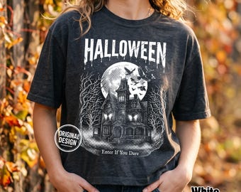 Halloween PNG, Haunted House PNG, Enter If You Dare, Vintage Halftone Mansion, Spooky Season, Shirt Sublimation Clipart