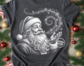 Świąteczny Mikołaj PNG, Koszulka z Mikołajem w stylu vintage PNG, Magiczny Mikołaj dmuchający płatki śniegu, Półtonowa koszulka świąteczna w stylu retro, Clipart sublimacyjny