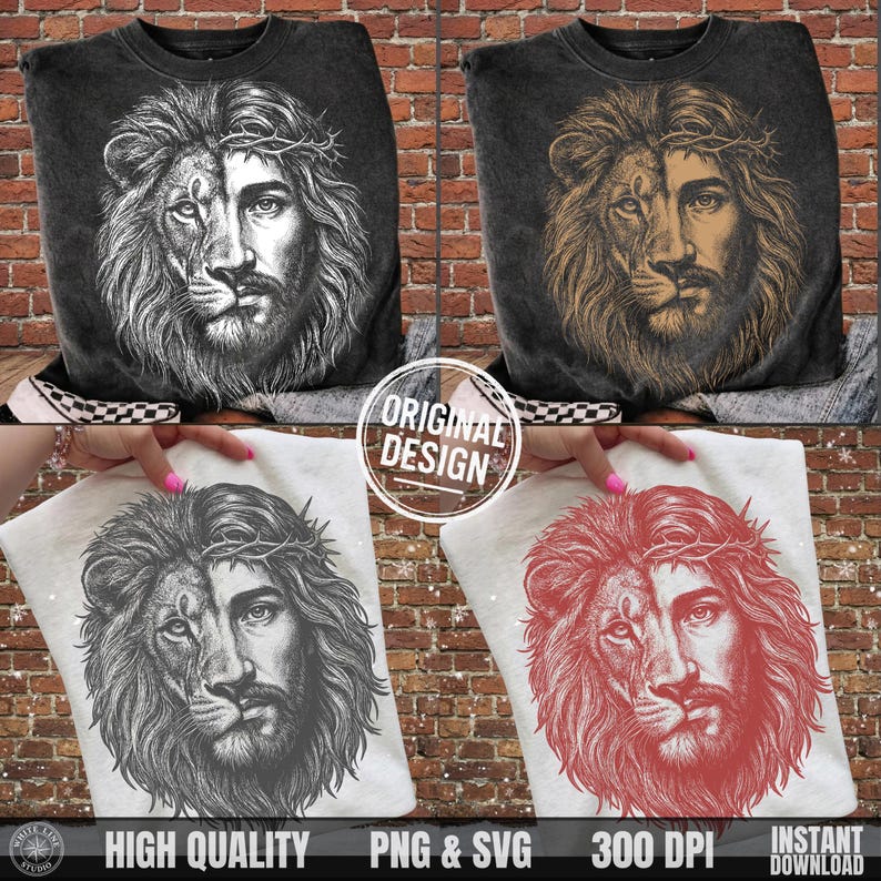 Collage of four t-shirts showing the vintage Jesus lion design in white, beige, grey, and red hand-drawn style