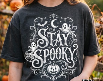 Halloween Stay Spooky PNG, Cute Ghost Pumpkin Quote, Vintage Halftone Shirt Design, Fall Sublimation Clipart SVG