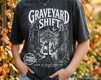 Halloween PNG, Graveyard Shift PNG, Clock In Never Clock Out, Vintage Cemetery Horror, Spooky Fall Shirt PNG, Sublimation Clipart
