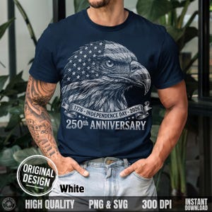 Man with arm tattoos wearing a navy blue t-shirt featuring the white halftone eagle USA 2026 graphic