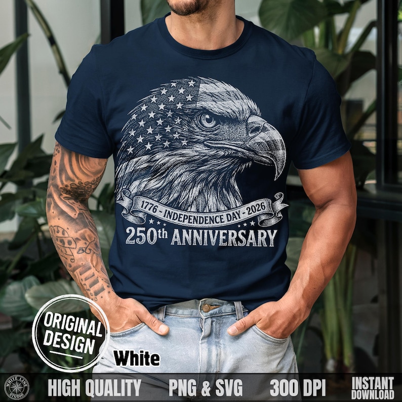 Man with arm tattoos wearing a navy blue t-shirt featuring the white halftone eagle USA 2026 graphic