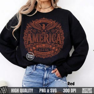 Woman modeling a black sweatshirt with a red vintage halftone America 1776 to 2026 eagle and star design.