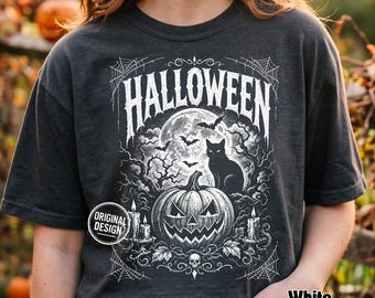 Halloween PNG, Black Cat Pumpkin PNG, Jack O Lantern Cat, Vintage Gothic Horror, Spooky Season Shirt PNG, Sublimation Clipart