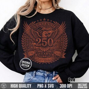 Woman modeling a black sweatshirt with a red vintage hand-drawn style 250 years anniversary bald eagle and American flag shield graphic.