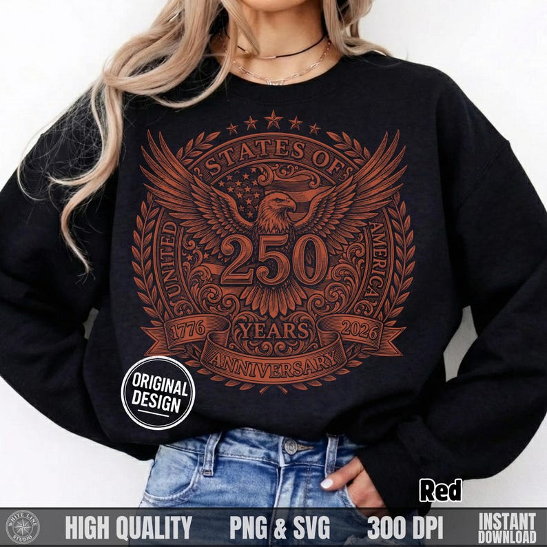 Woman modeling a black sweatshirt with a red vintage hand-drawn style 250 years anniversary bald eagle and American flag shield graphic.