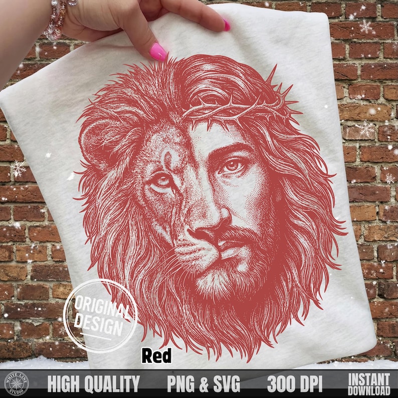 Hand holding a white t-shirt with the red hand-drawn Jesus is King lion face graphic