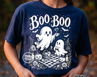 Halloween Ghost PNG, Boo Boo PNG, Cute Ghost Picnic Shirt Design, Vintage Halftone Spooky Season, Sublimation Clipart SVG