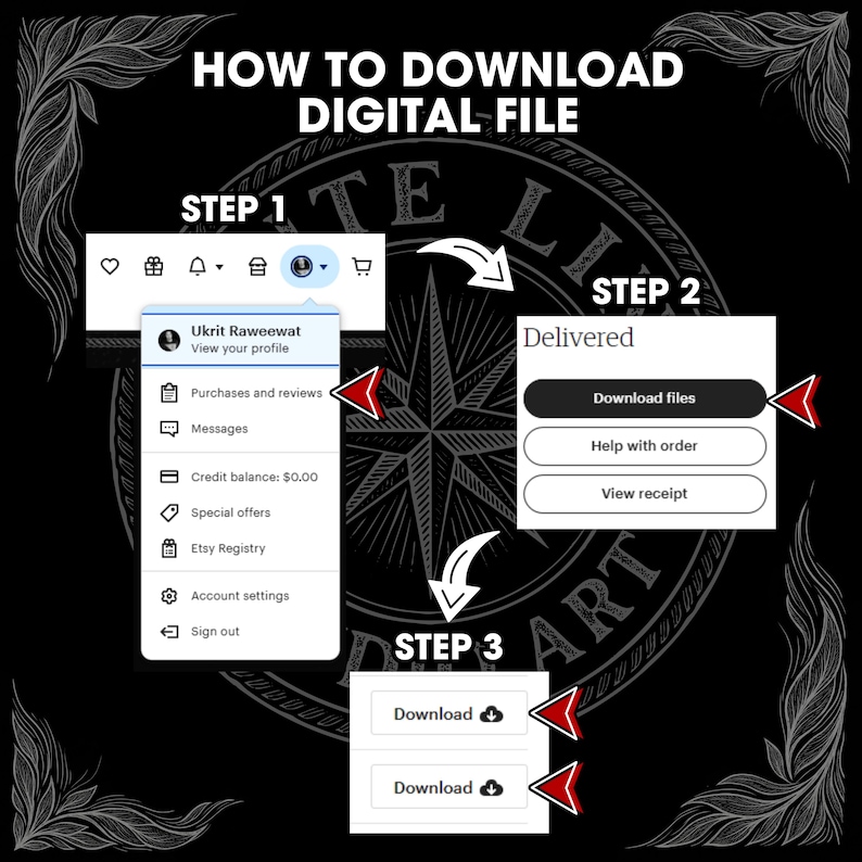 May include: A black graphic with white text that reads "HOW TO DOWNLOAD DIGITAL FILE." The image shows the steps to download a digital file, including "STEP 1," "STEP 2," and "STEP 3," with arrows pointing to the download options.
