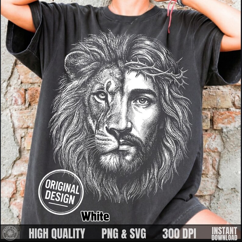 May include: Black t-shirt featuring a detailed white graphic of a lion's face merged with a man's face wearing a crown of thorns. The design includes the text "ORIGINAL DESIGN" and "White". Additional text at the bottom reads "HIGH QUALITY PNG & SVG 300 DPI INSTANT DOWNLOAD".