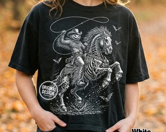 Western Halloween PNG, Pumpkin Head Cowboy PNG, Skeleton Horse Rider, Vintage Halftone Rodeo, Halloween Shirt, Sublimation Clipart