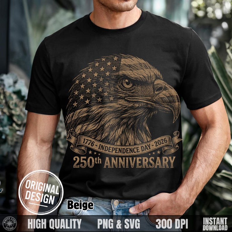 Man wearing a black t-shirt with the beige vintage 250th anniversary American flag eagle design