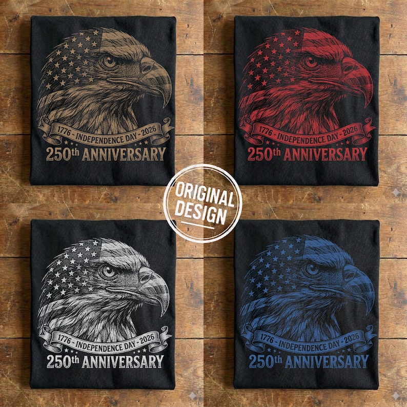 Four folded black t-shirts displaying the vintage eagle USA design in beige, red, white, and blue colors