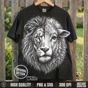 Christian Lion PNG, Lion and Lamb SVG, gespleten gezichtskunst, vintage halftoonafbeelding, religieuze Pasen, sublimatie clipart