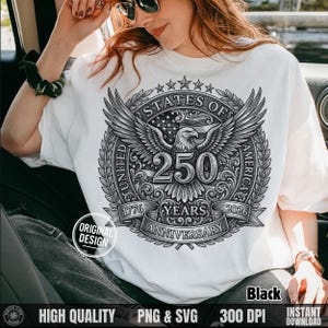 Woman in a car wearing a white t-shirt featuring a black line art vintage 250 years anniversary bald eagle graphic.