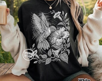 Botanical Nature PNG, Vintage Hummingbird PNG, Hummingbird Flight Floral, Halftone Bird Design, Summer Garden Tee, Shirt Sublimation Clipart