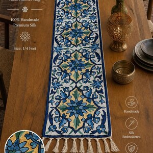 Handmade Silk Embroidered Table Runner, Blue Floral Boho Decor, Kashmiri Artisan Textile (1x4 ft)