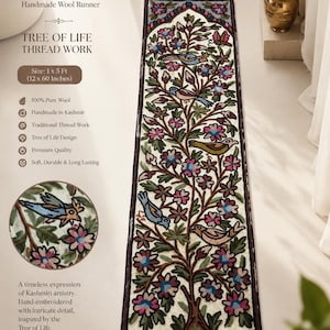 Op de afbeelding: Een rechthoekige wollen loper van 30,48 x 152,4 cm, voorzien van een levensboomontwerp met geborduurde vogels, bloemen en bladeren in blauw, roze, groen en bruin. De loper heeft een crèmekleurige achtergrond en witte kwastjes aan beide uiteinden.