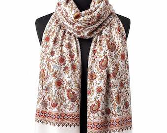 Chal de cachemir bordado hecho a mano, bufanda floral multicolor con base blanca, chal suave y ligero, prenda de lujo para fiestas femeninas, 40 x 80 pulgadas.