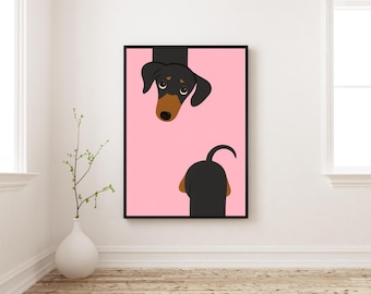 Póster de perro salchicha / Arte de pared de perro salchicha / Estampado de perro adorable / Decoración rosa para amantes de las mascotas