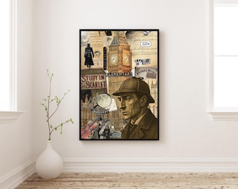 Póster de Sherlock Holmes / Collage de detectives para pared / Lámina de 221B Baker Street / Decoración de misterio