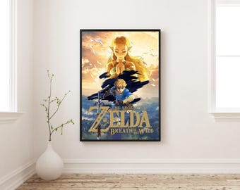 Póster de Zelda Breath of the Wild / Arte mural de videojuegos de Nintendo / Lámina de Link / Decoración de videojuegos de fantasía