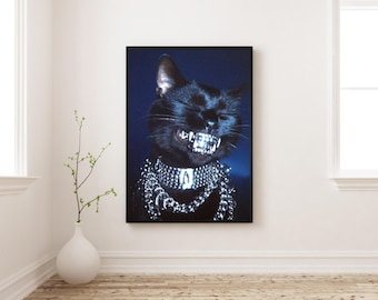 ギャングスター猫ポスター｜面白い黒猫グリルズウォールアート｜ヒップホップ猫プリント｜風変わりなユーモアルームデコレーション