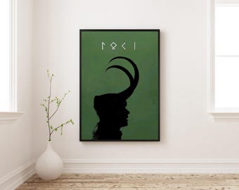 Loki Poster | Marvel God Wall Art | Minimal Silhouette Print | Green Black Norse Decor