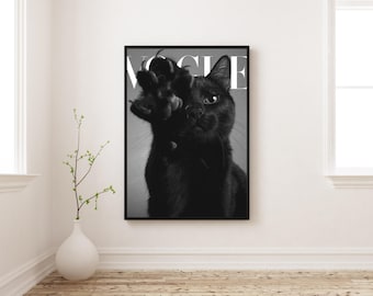 Vogue Cat Poster | Black Cat Fashion Wall Art | Funny Magazine Cover Print | Chic Aesthetic Cat Decor