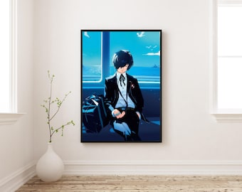 Persona 3 Makoto Poster | JRPG Anime Wall Art | Blue Aesthetic Gaming Print | Persona Fan Room Decor