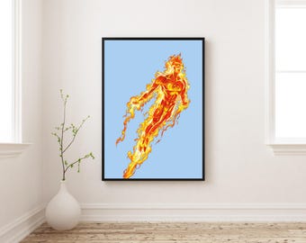 Human Torch Poster | Fantastic Four Marvel Wall Art | Flame Superhero Print | Comic Book Decor
