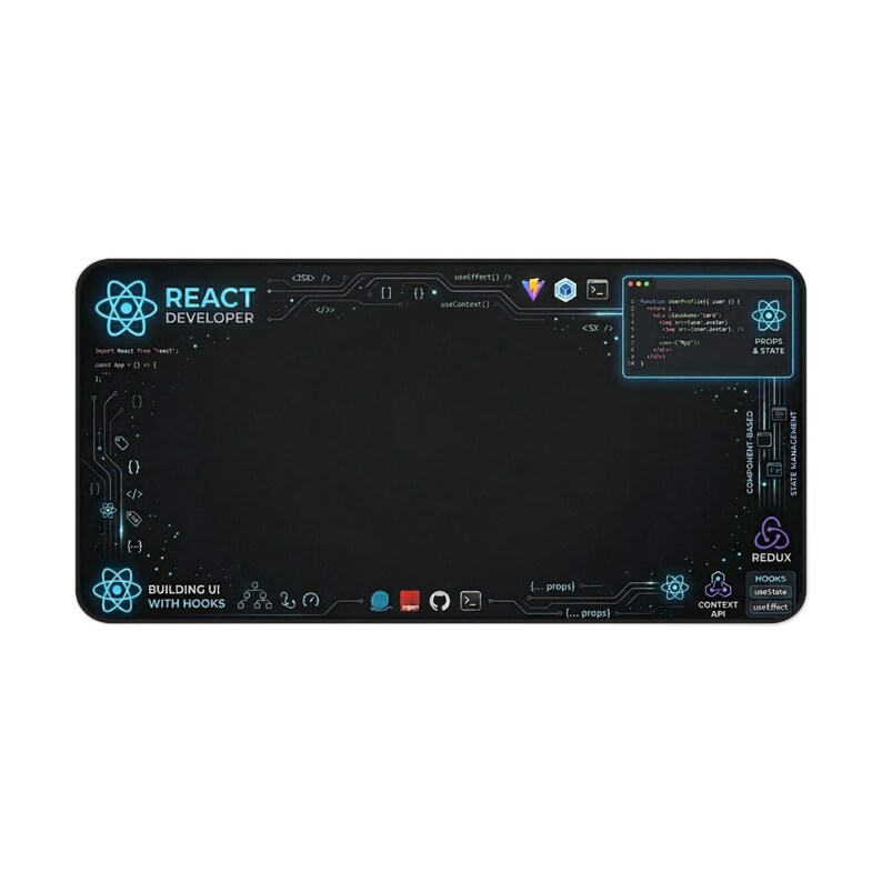 React Developer Desk Mat, Front-end Developer Desk Pad, JavaScript Workspace Mat, Codering Setup Gift, Software Engineer Decor afbeelding 2