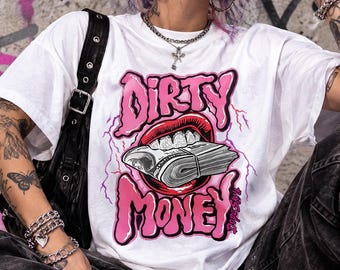T-Shirt mit Geld-Motiv, Y2K Streetwear-T-Shirt, trendiges Cash-Shirt, Oversized-T-Shirt für Damen