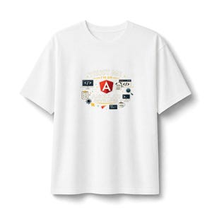 May include: A white short-sleeved t-shirt featuring a central graphic with the text "TRUST ME I'M AN ANGULAR DEVELOPER". The design includes a red Angular logo, various computer icons, code snippets, a coffee mug, and a magnifying glass.