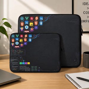 May include: Two black laptop sleeves featuring a colorful graphic print of various programming language logos, including React, HTML5, CSS3, and JavaScript, alongside code snippets and circuit board patterns on the front surface.
