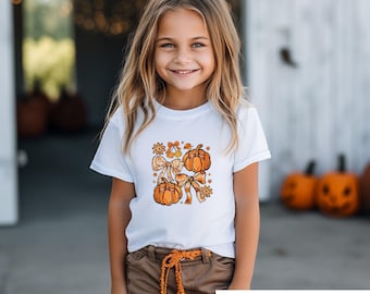 T-Shirt mit Kürbisblumenmuster, Herbst-Schleifen-Shirt, Retro-Herbst-T-Shirt mit Grafik, süßes Erntegeschenk