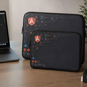 May include: Two black rectangular laptop sleeves featuring a prominent red and white Angular logo, integrated circuit board patterns, and various software development icons. The design includes technical code snippets and a dark, sleek finish.